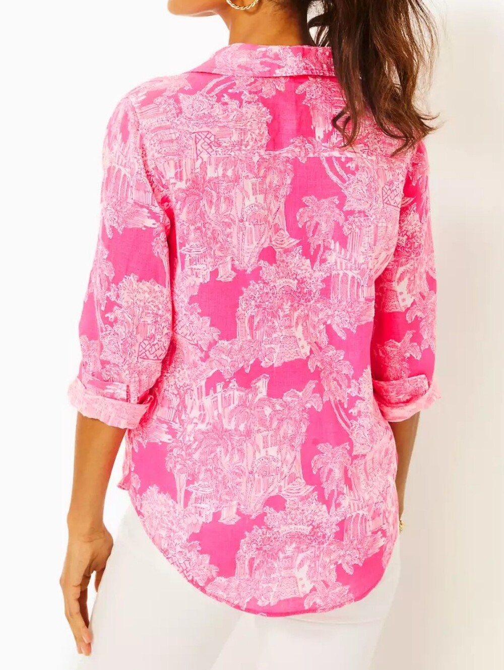 Lilly Pulitzer Destination Palm Beach 100% Linen Hot Pink Button Down Shirt M - Picture 2 of 9